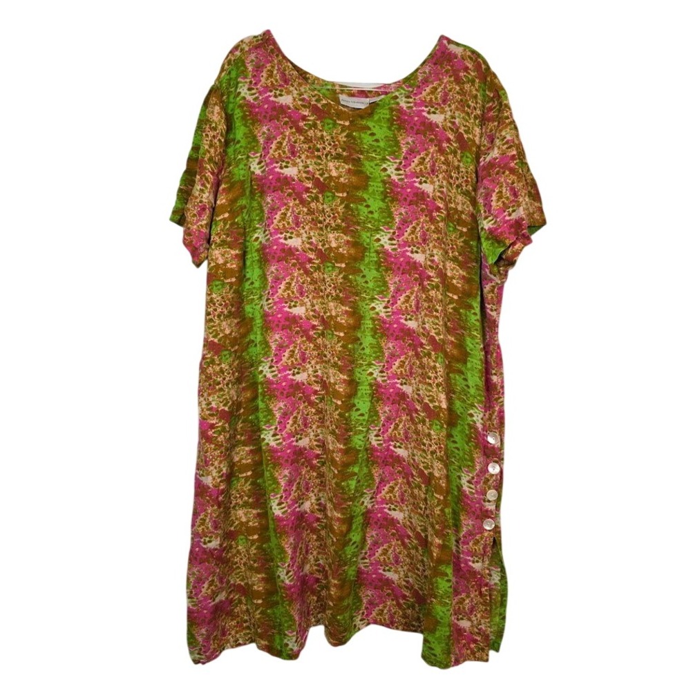 Anna‎ Maxwell Womens 3X Tunic Dress Green Pink Abstract Rayon Side Button Slit